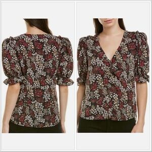 Joie Anevy Floral Puff Sleeve Silk Blend V-Neck Blouse  - XS